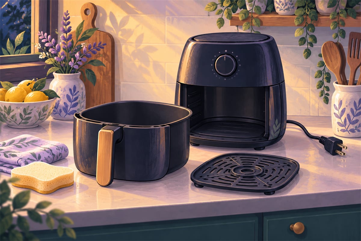 An air fryer basket on the counter with its crisper plate beside it.