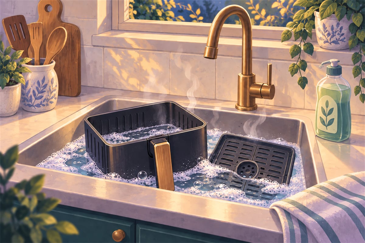 An air fryer basket and plate soaking in a sink of soapy water.