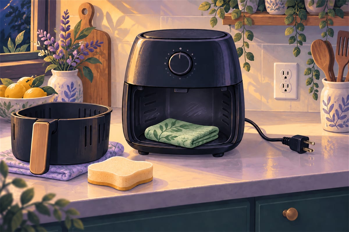 An unplugged air fryer with the basket out and a damp cloth inside.