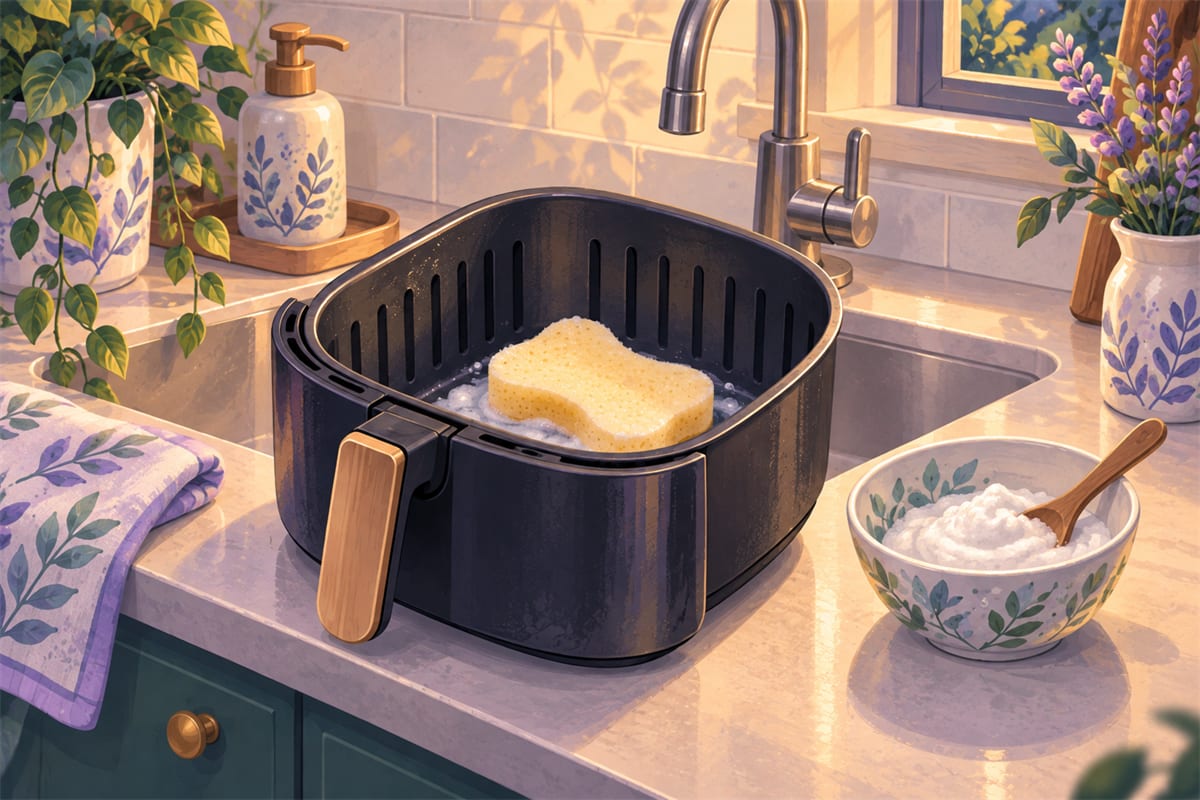 An air fryer basket with a soft sponge resting in it.