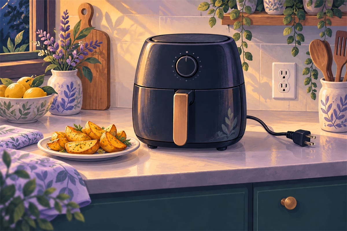A clean air fryer on the counter next to a plate of cooked food.