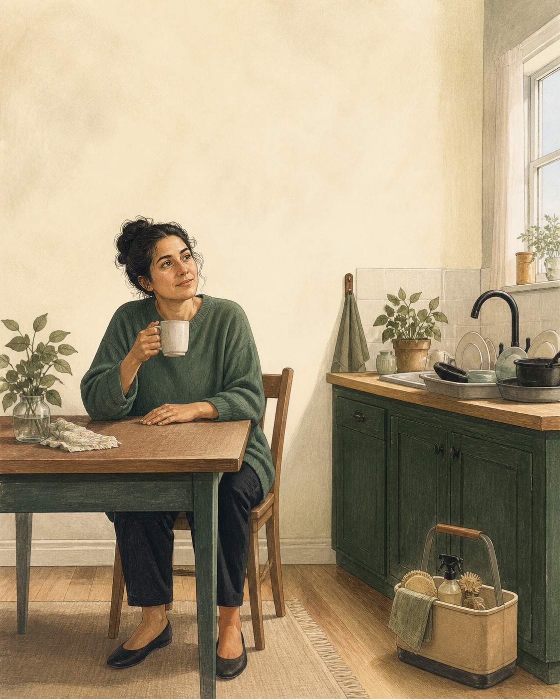 A mug on a kitchen table, with dishes and a cleaning caddy nearby in an ordinary, lived-in home.
