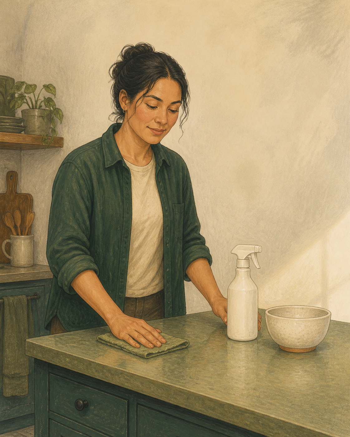 A modest kitchen counter beside one plain spray bottle and a ceramic bowl.