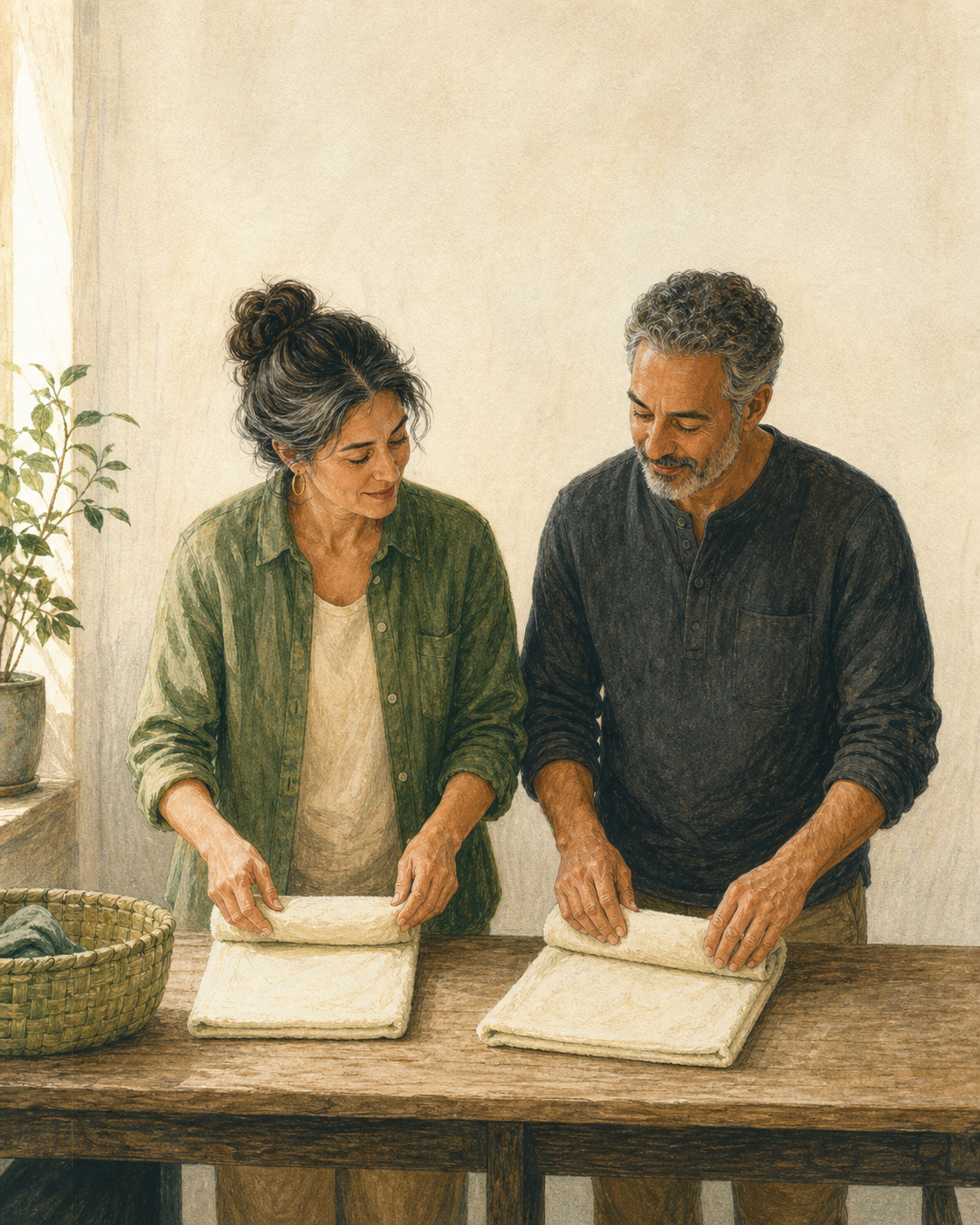 Two adults stand side by side at a table, calmly learning to fold towels together.