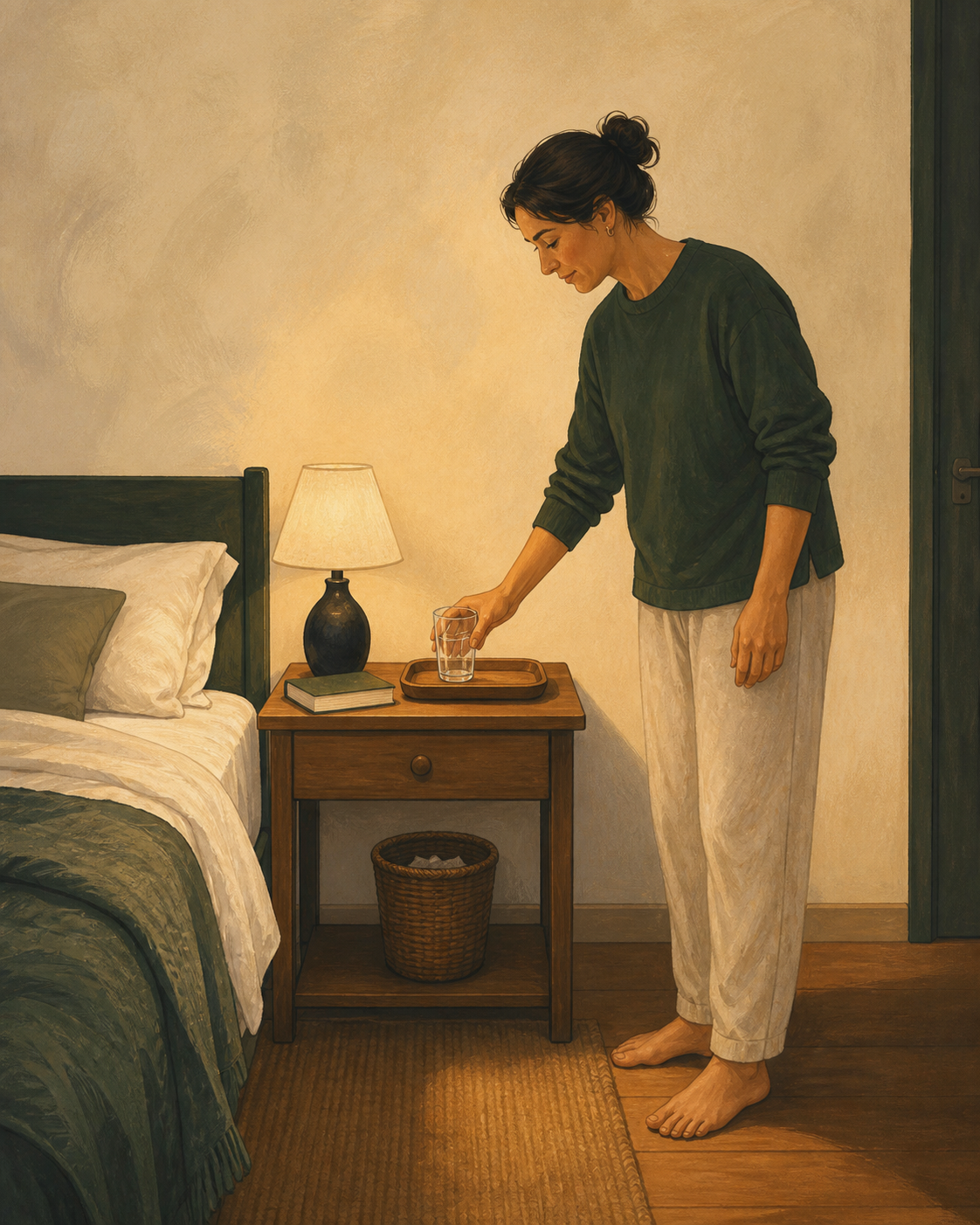 A glass of water on a tray on a bedside table.