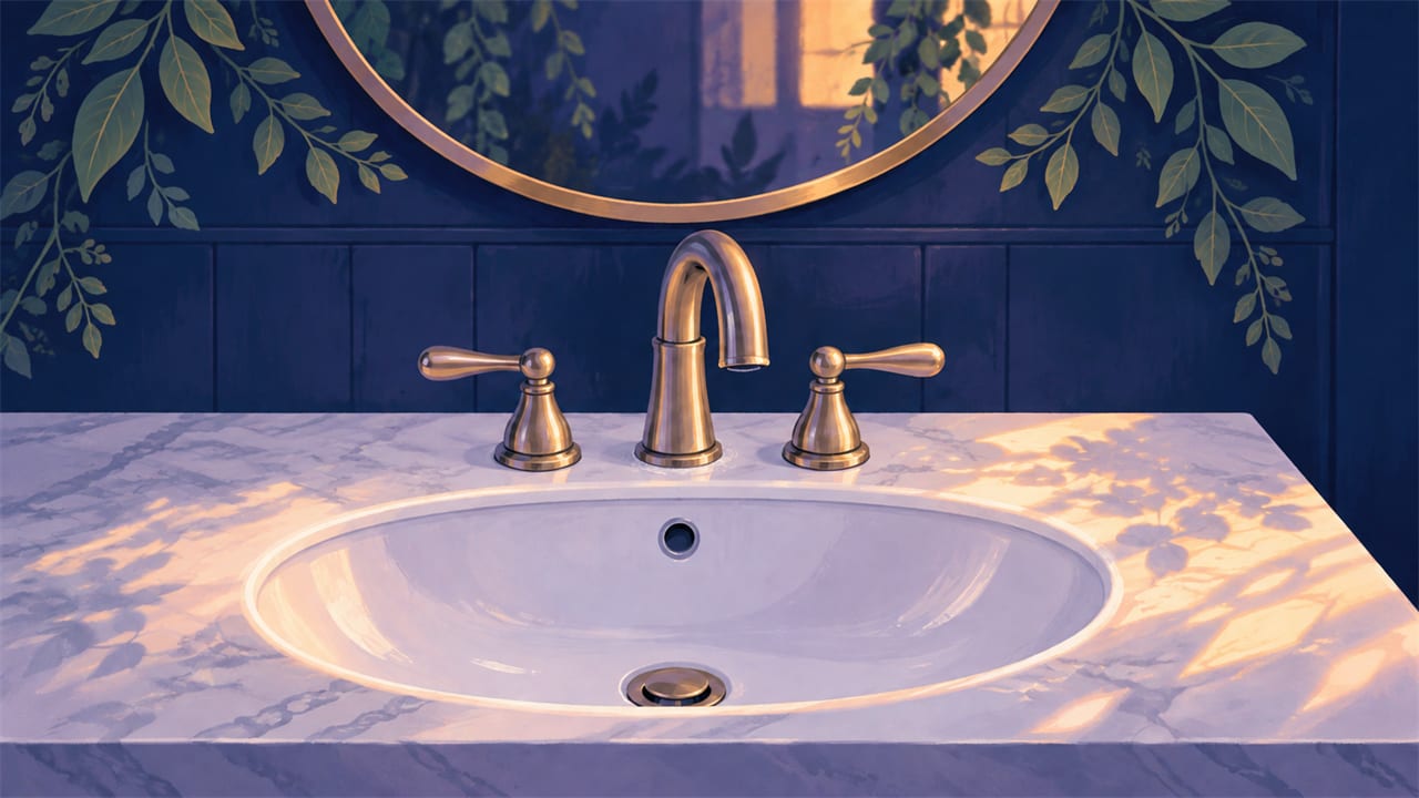 Clean white bathroom sink with a brass faucet and clear counter.