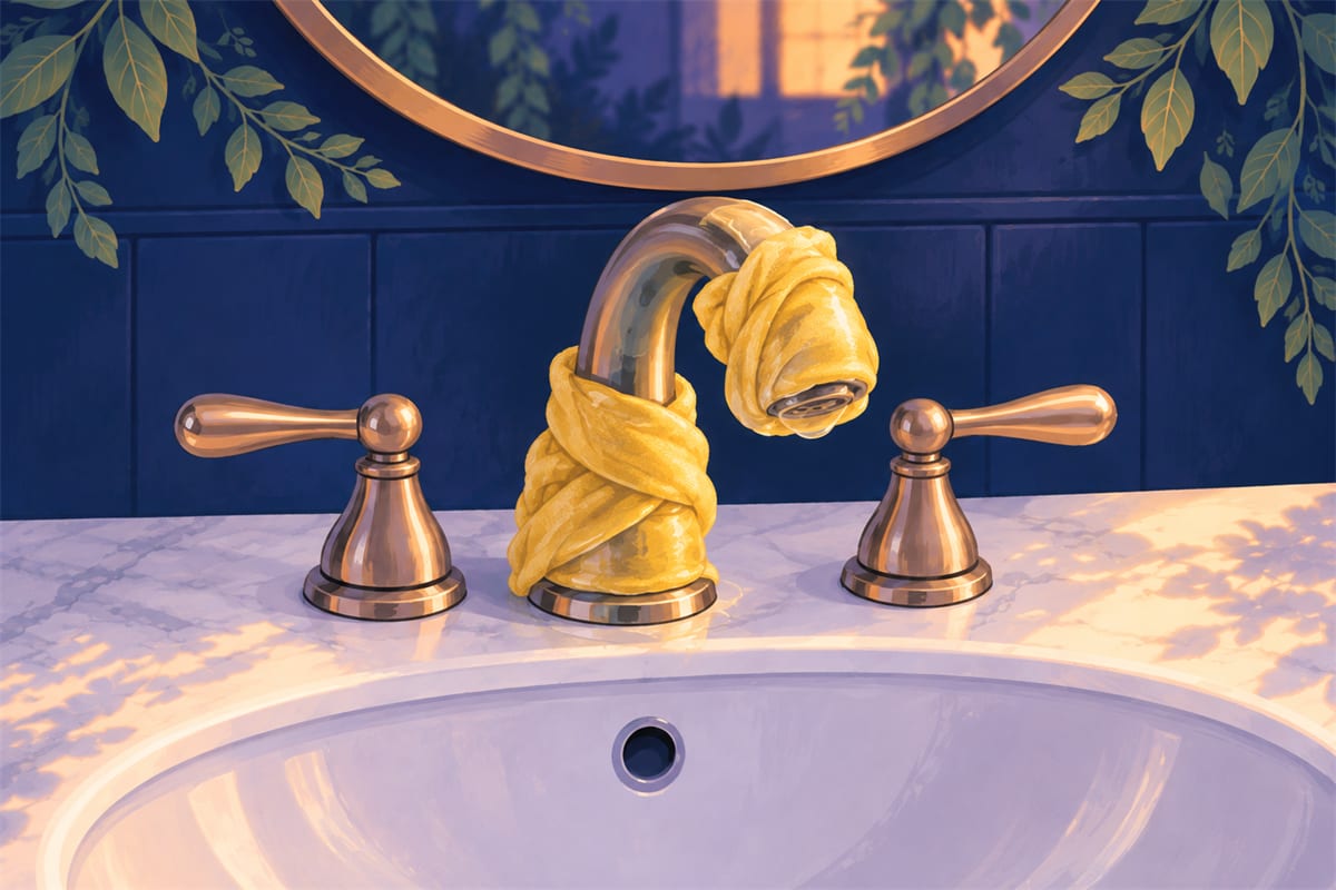 Yellow cloth wrapped around the base and spout of a brass bathroom faucet.