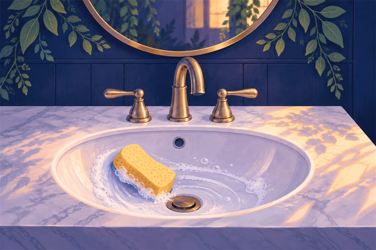Yellow sponge resting in a soapy bathroom sink.