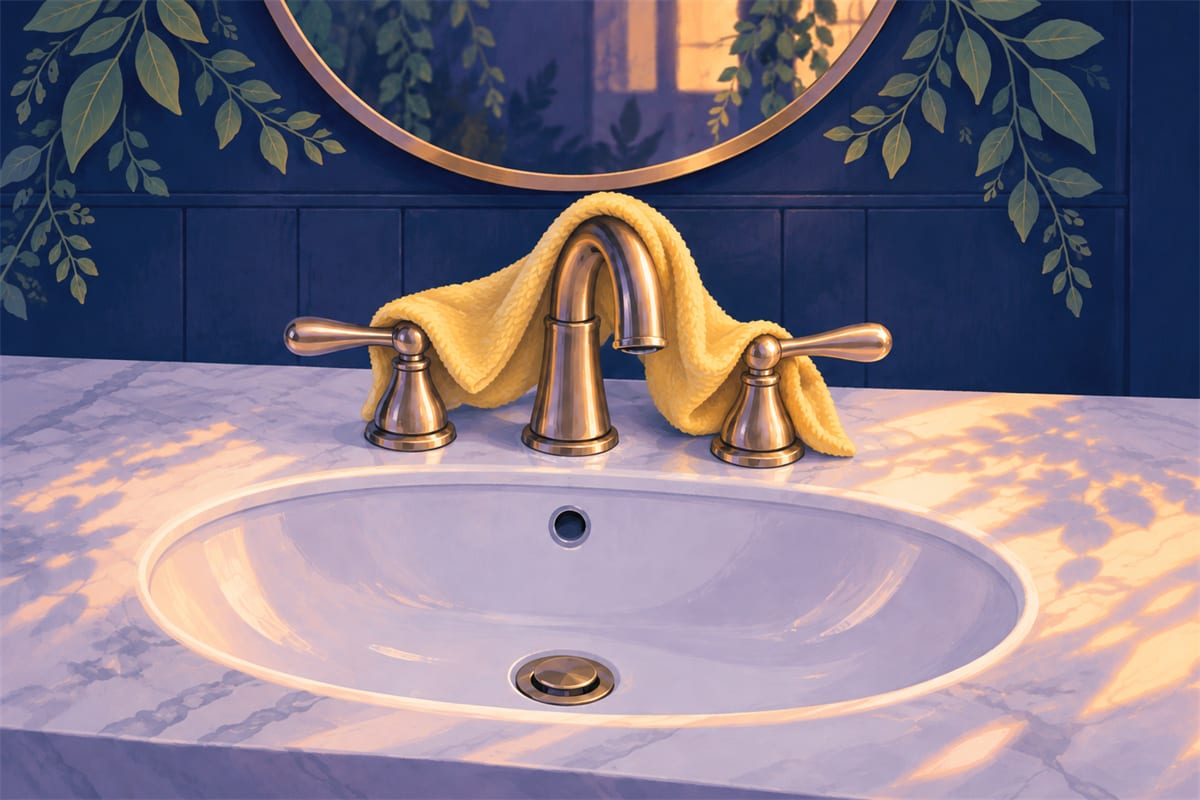 Yellow cloth draped across a brass bathroom faucet.