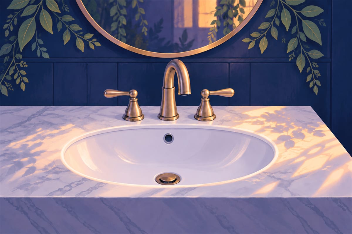 Clean, dry white bathroom sink with a brass faucet.