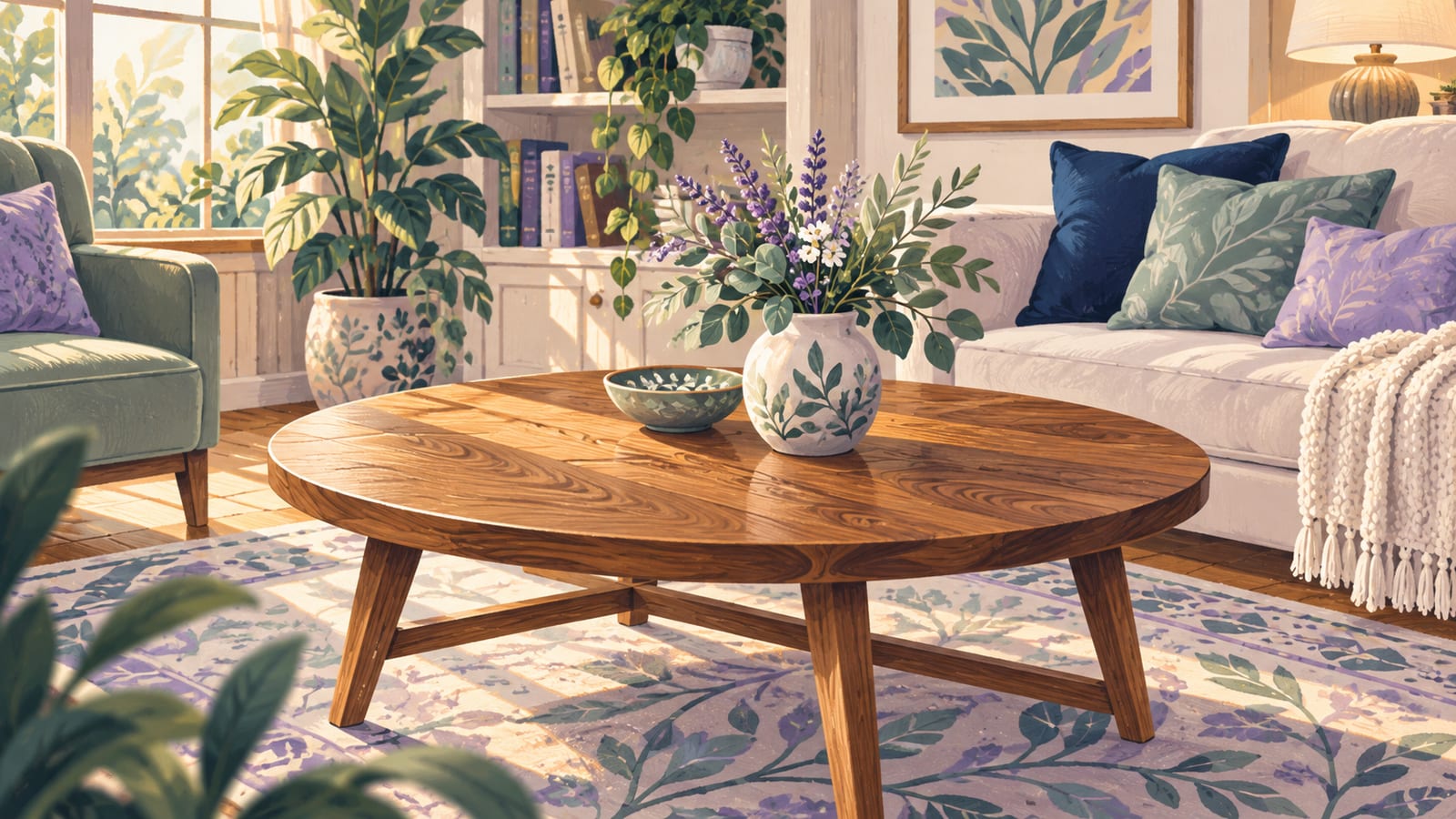 A clean wood coffee table in a bright living room.