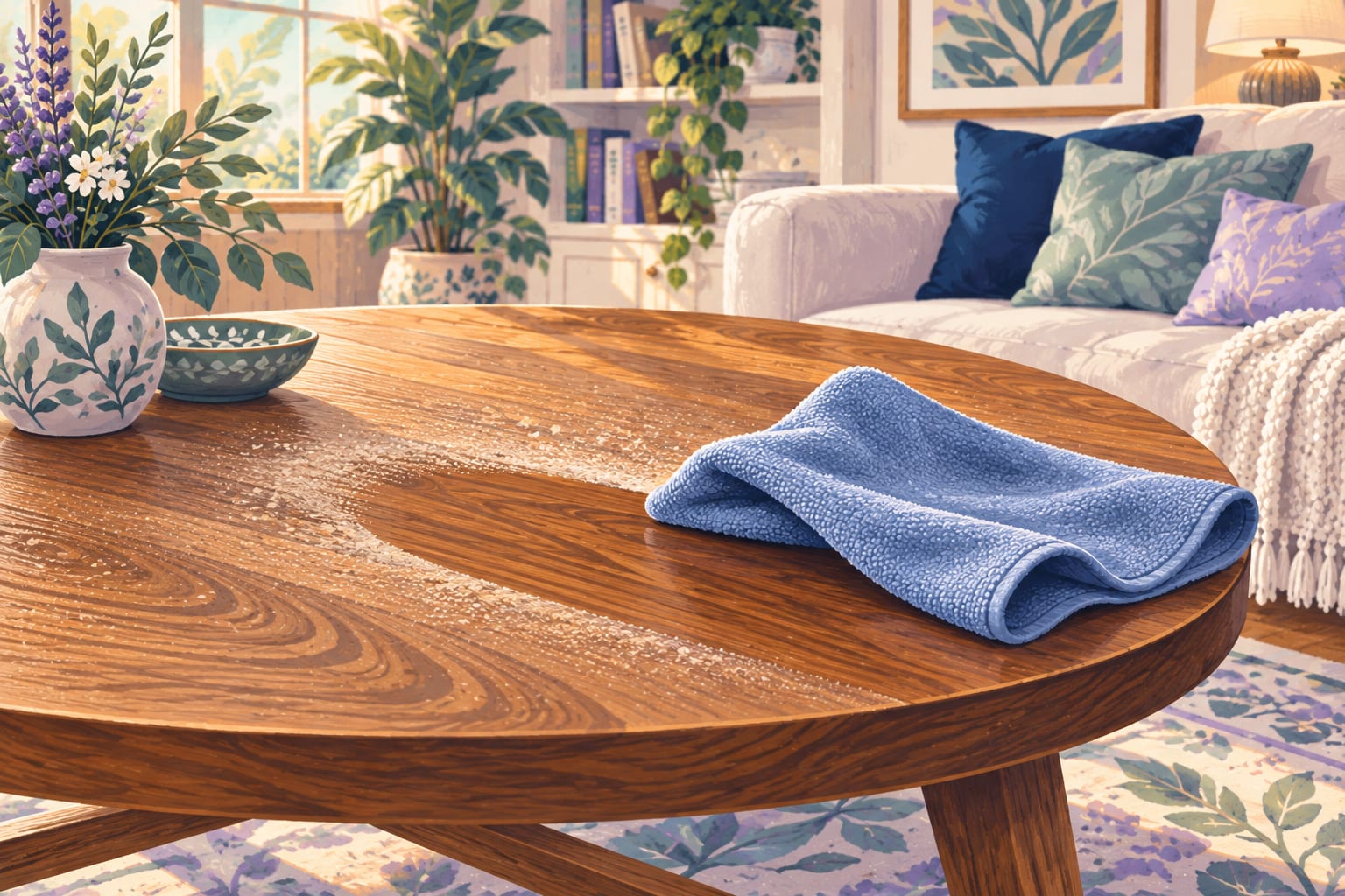 A microfiber cloth dry-dusting a wood table's surface.
