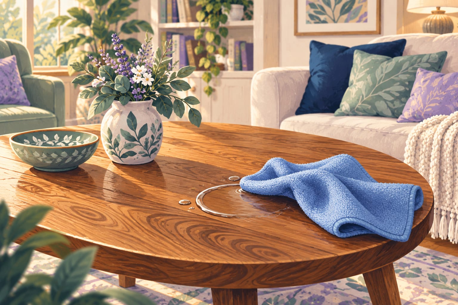 A cloth wiping a fresh spill or ring off a wood table.