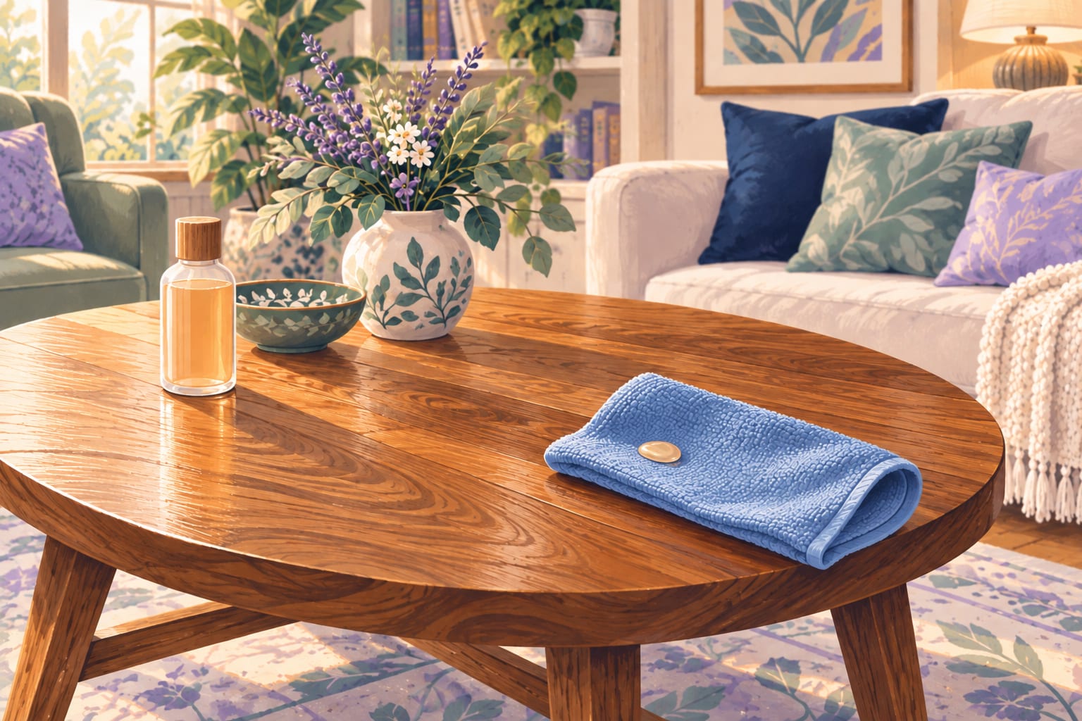 A small amount of wood cleaner or polish applied to a cloth, wiping a table.