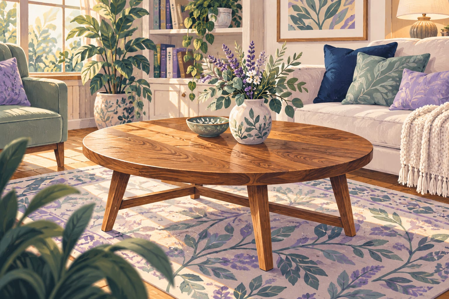 A clean wood coffee table, dust-free, in a bright living room.
