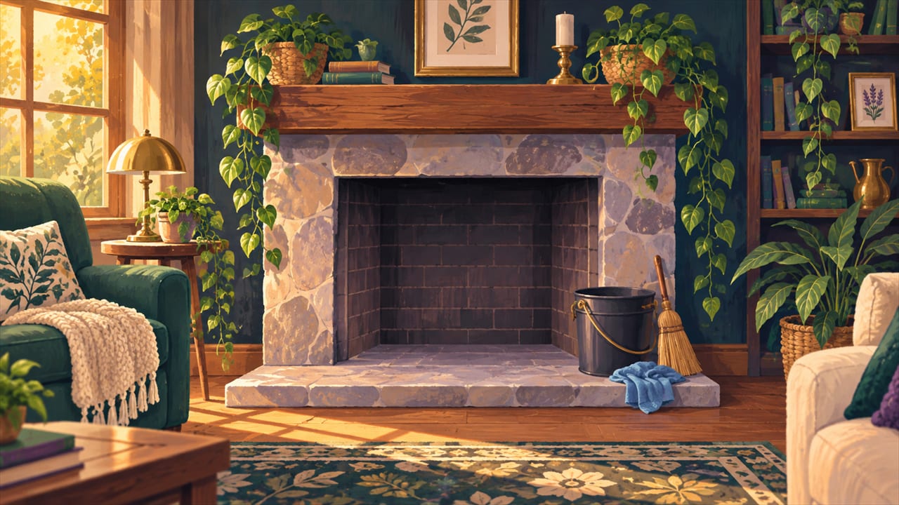 Empty stone fireplace with a metal ash bucket and broom beside the hearth.