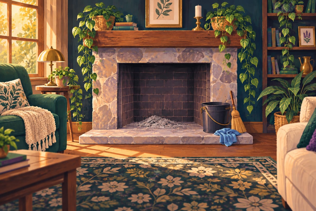 Ash in an unlit stone fireplace, with a metal bucket and broom nearby.