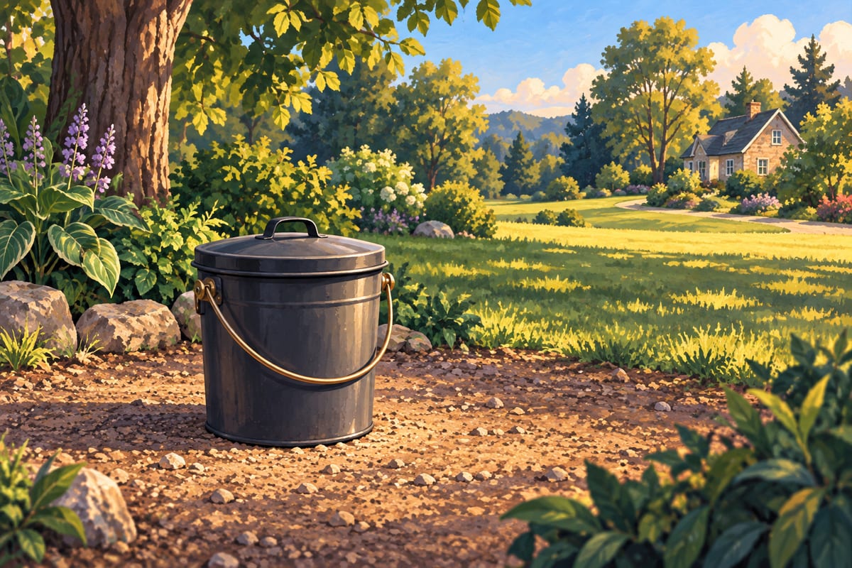 Lidded metal ash bucket on bare ground outside, away from the house.