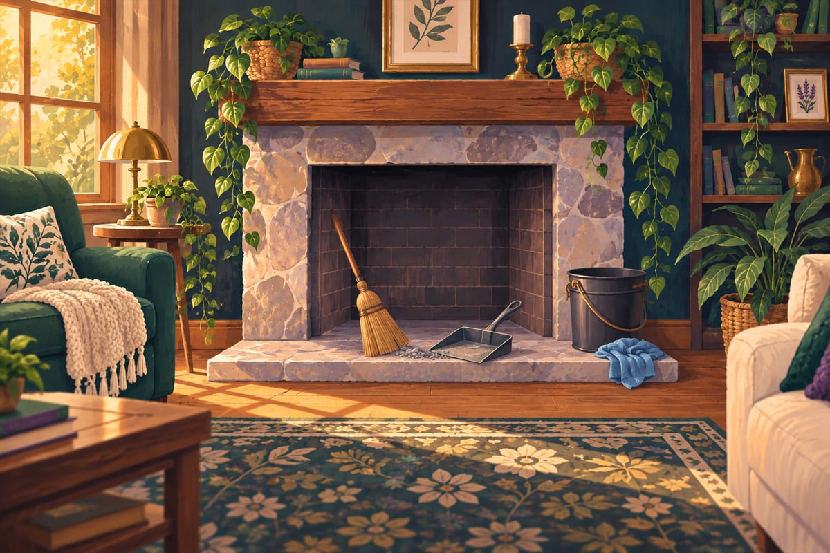 Broom and dustpan beside a small pile of ash on the fireplace hearth.