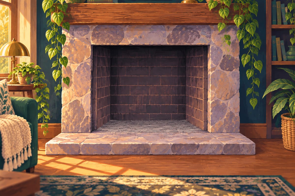 Thin layer of ash on the floor of an empty fireplace.