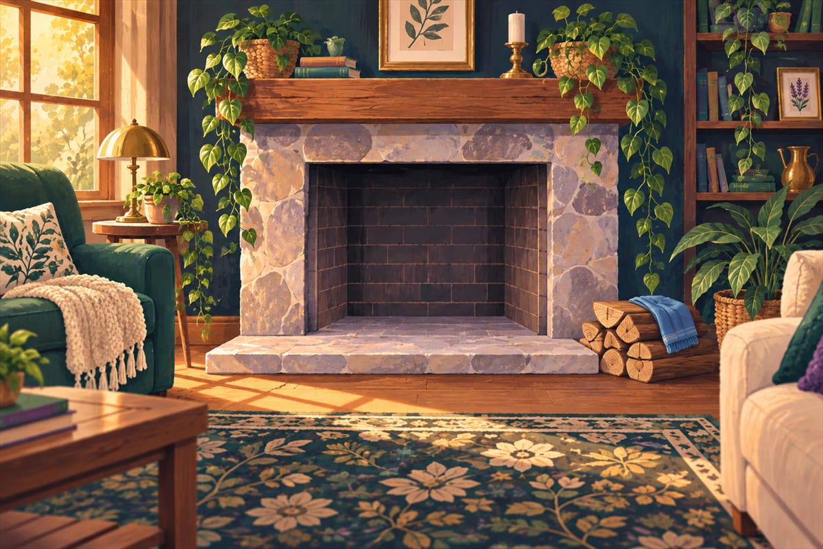 Clean stone fireplace with a small stack of logs and a blue cloth beside it.