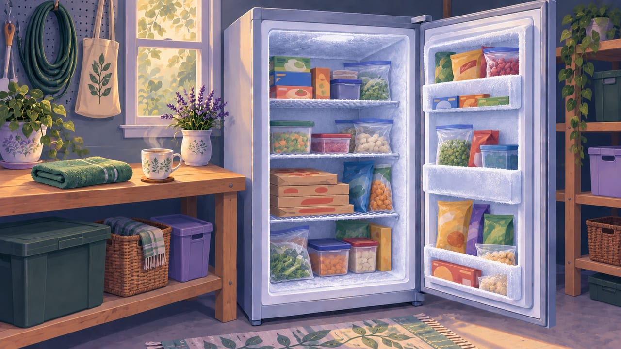 An open freezer with a layer of frost inside, in a calm kitchen.