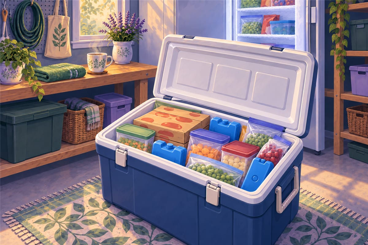 A cooler packed with frozen food and ice packs.