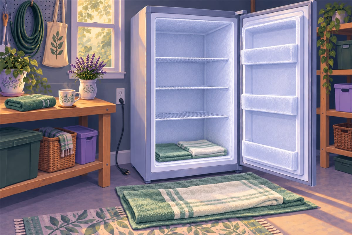 An unplugged freezer with towels laid inside and on the floor in front.