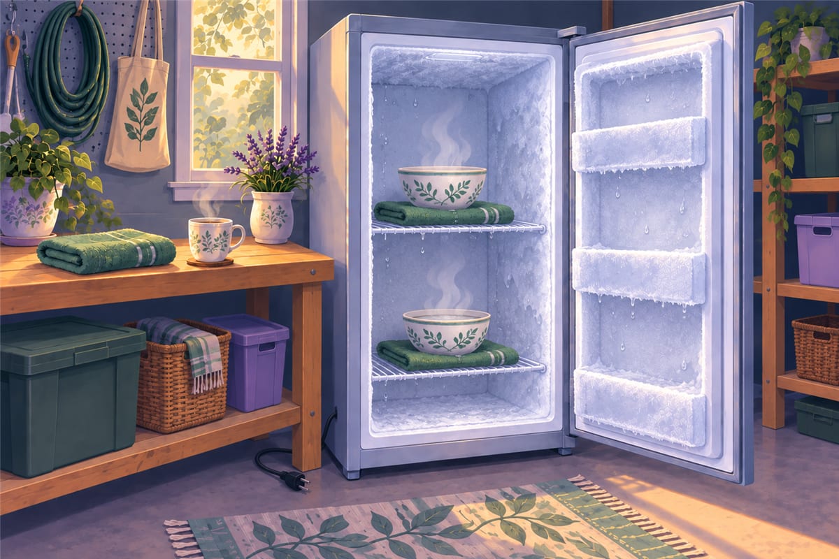 Two bowls of steaming water on towels inside a frosty freezer.