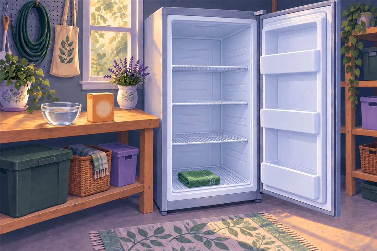The clean inside of a freezer with a green cloth on the bottom shelf.