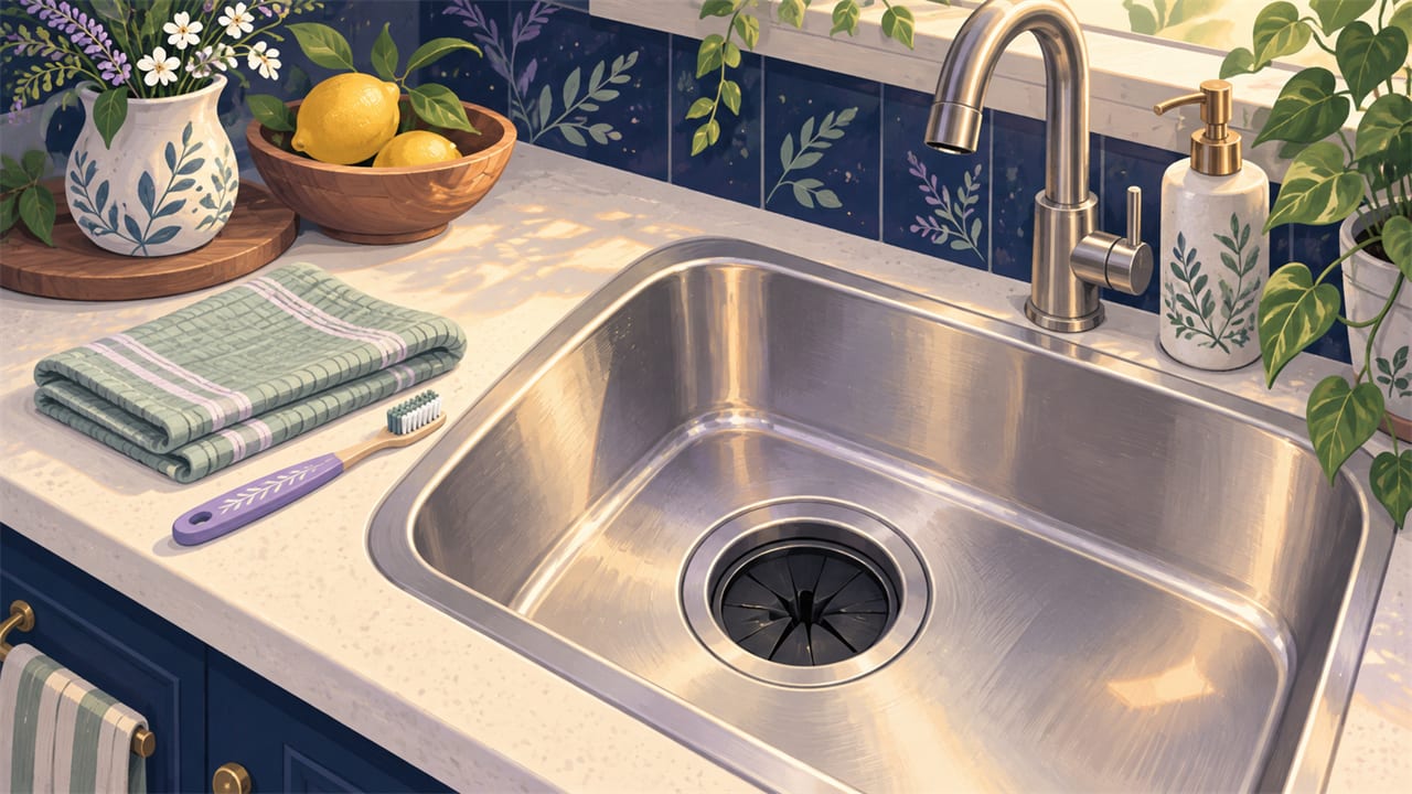 A clean kitchen sink with a garbage disposal drain in a calm kitchen.