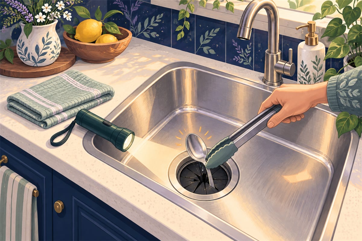Kitchen tongs lifting a spoon out of a garbage disposal drain.