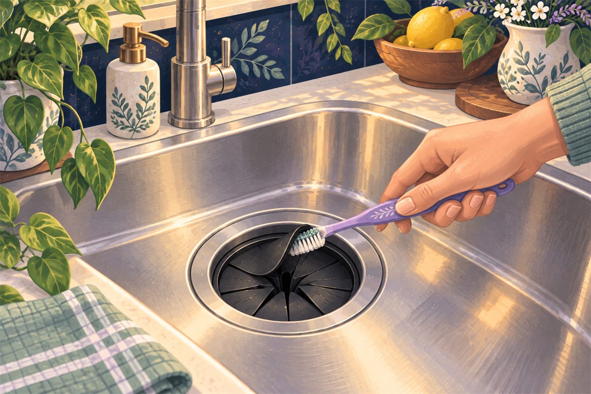 An old toothbrush lifting and scrubbing a rubber flap on a disposal splash guard.