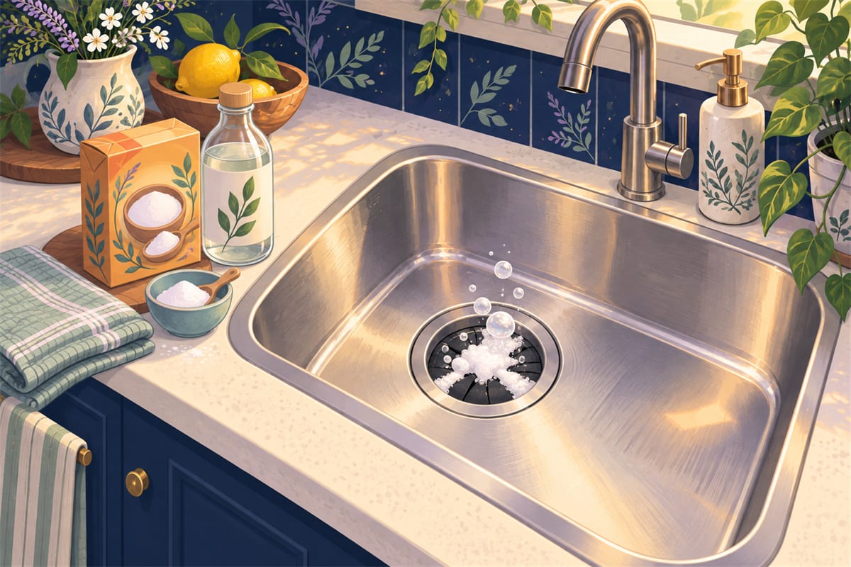 Baking soda and vinegar fizzing in a kitchen sink drain.