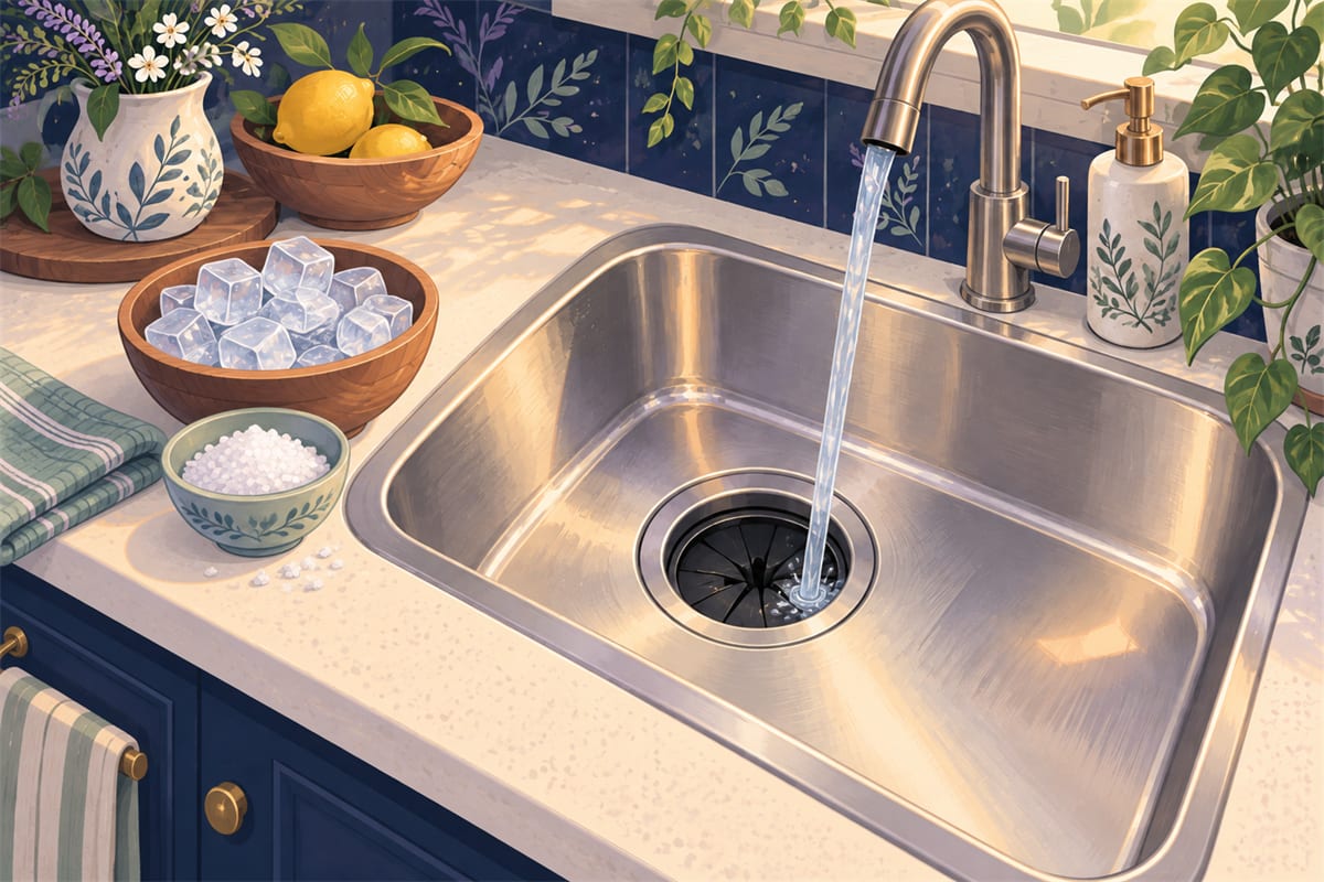 A bowl of ice cubes and coarse salt beside a sink with cold water running.