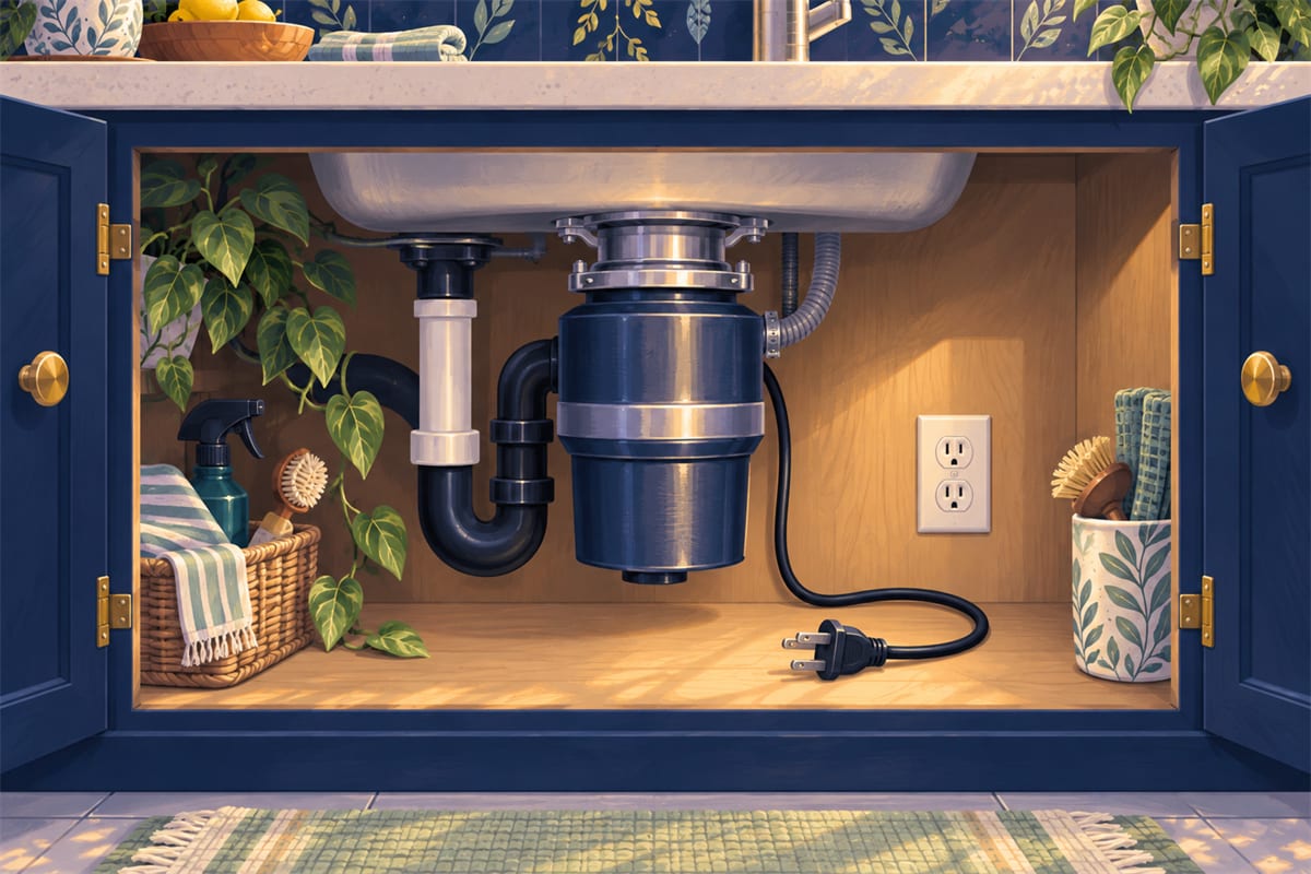 A garbage disposal cord unplugged from the outlet under a sink.