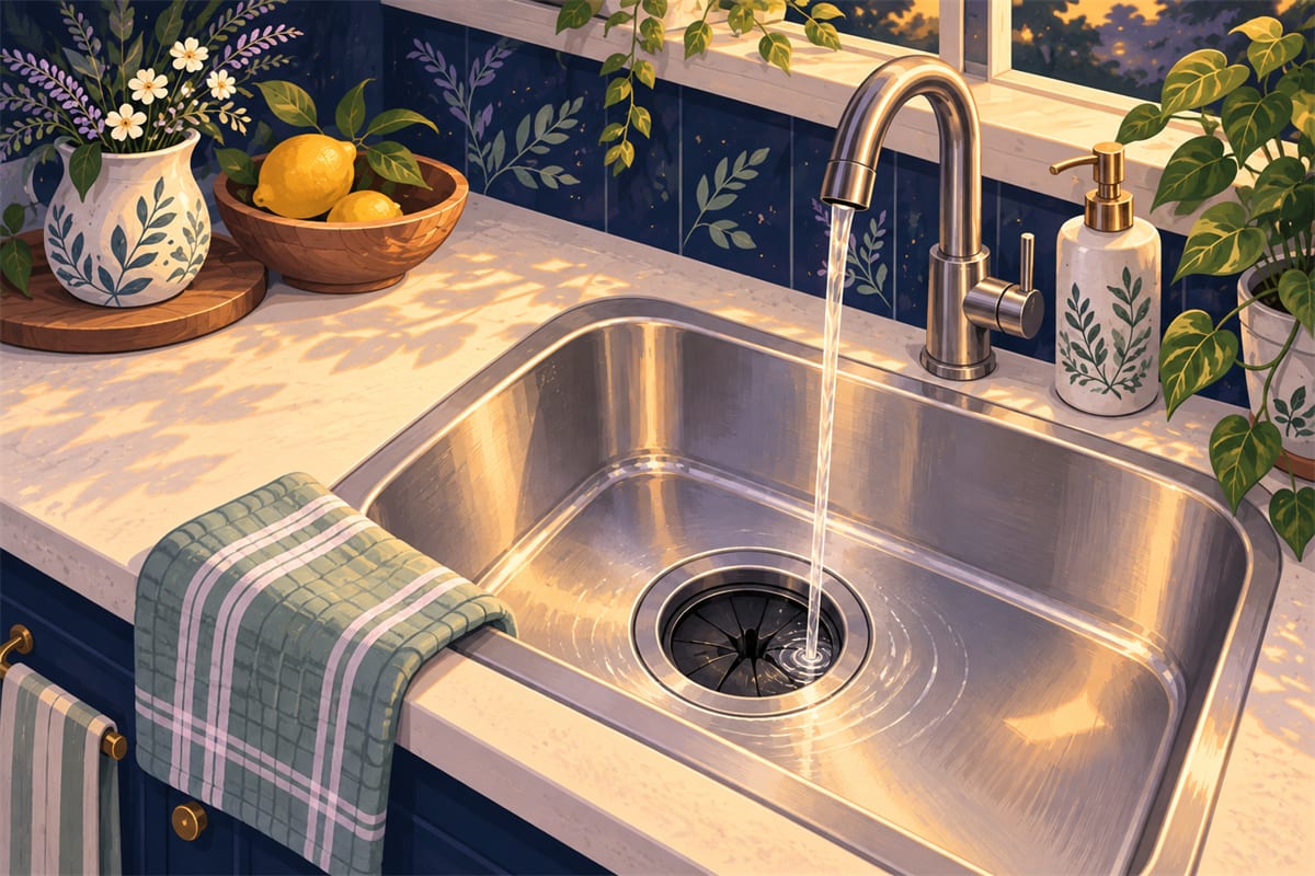 A clean kitchen sink with a thin stream of water running into the drain.