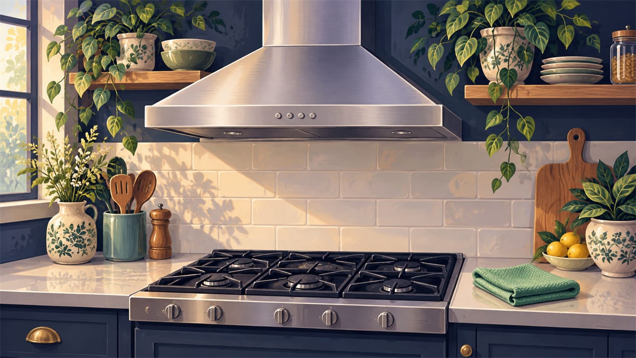 A clean range hood above a stove in a calm kitchen.