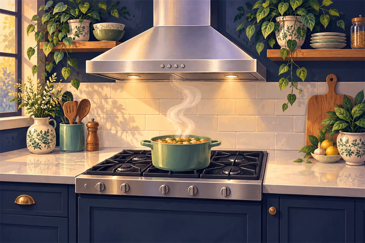 A clean range hood lighting a simmering pot on the stove below.