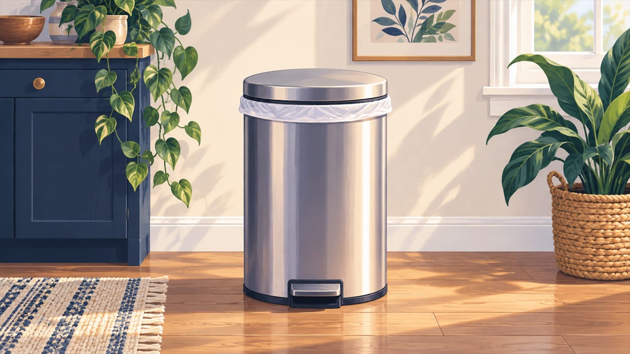 A clean trash can with its lid closed and a fresh liner edge just visible at the rim, on a tidy floor.