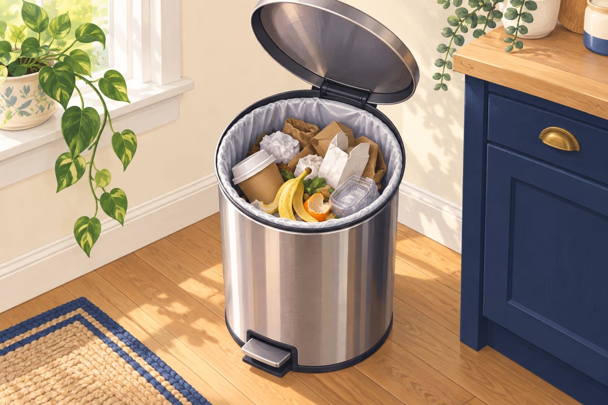A trash can with the lid open, the bag inside about three-quarters full.