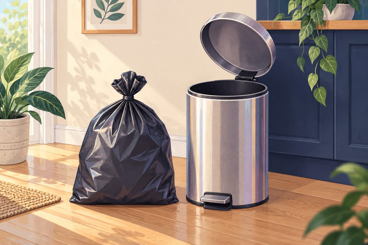 A bag with its top tied closed, standing beside an empty open trash can.