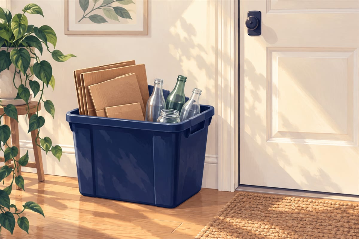 A recycling bin with a few flattened boxes and clean bottles in it, beside a door.