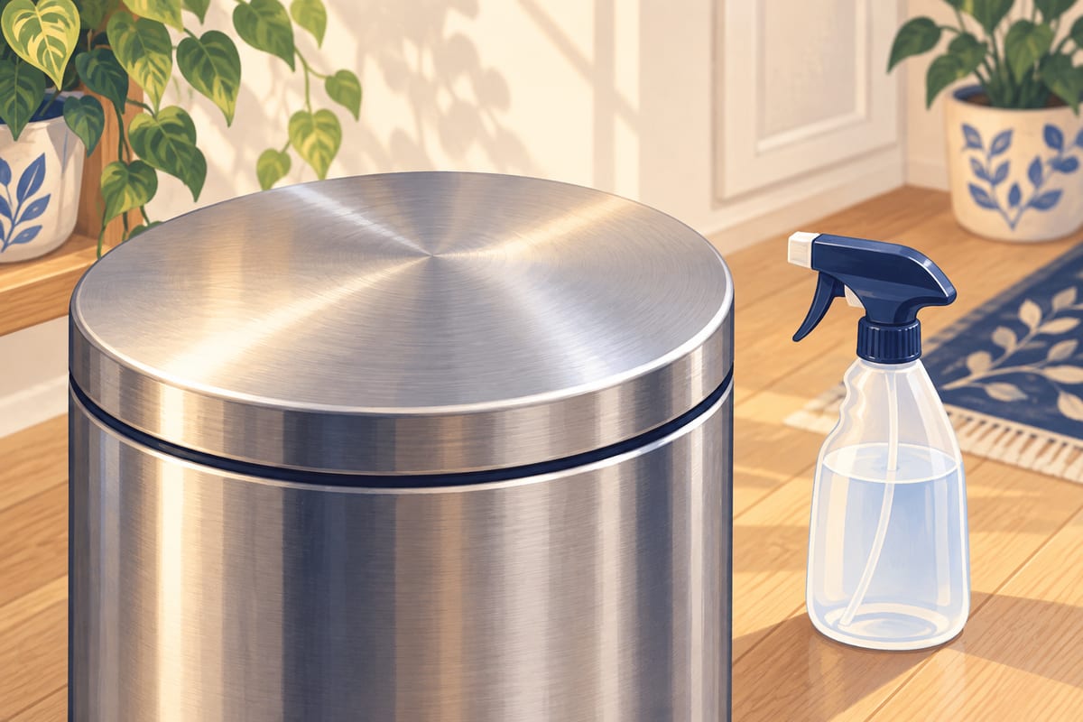 A trash can lid and rim, clean and shiny, with a single unlabelled spray bottle beside it.