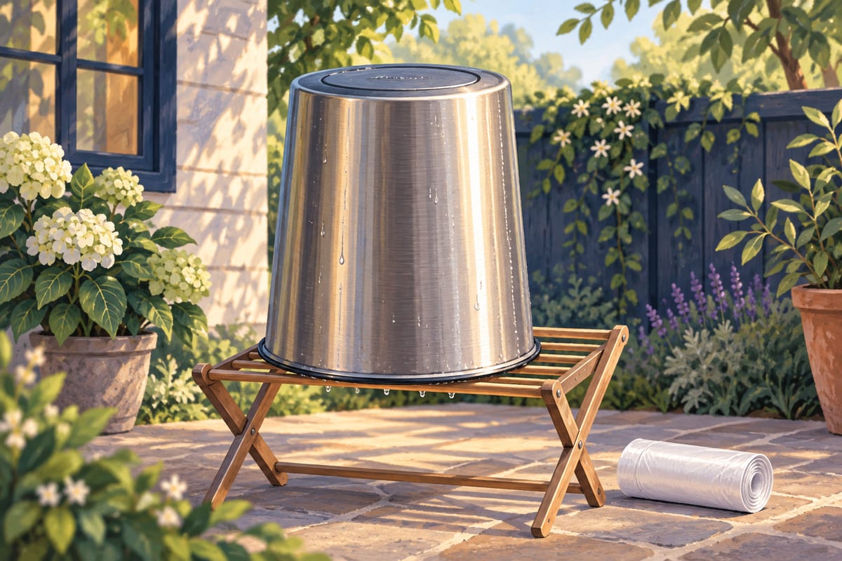 An empty, washed trash can turned upside down on a drying rack outdoors, with a fresh roll of liners beside it.
