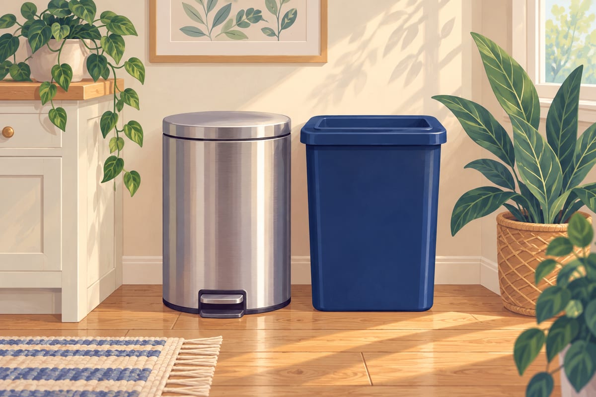 A tidy corner with a clean trash can and a recycling bin side by side in soft daylight.