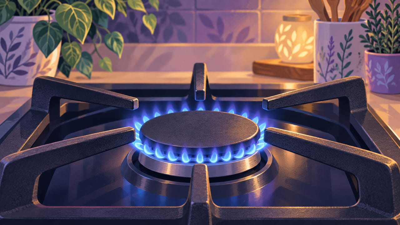 A gas stove burner with a ring of small, even blue flames.