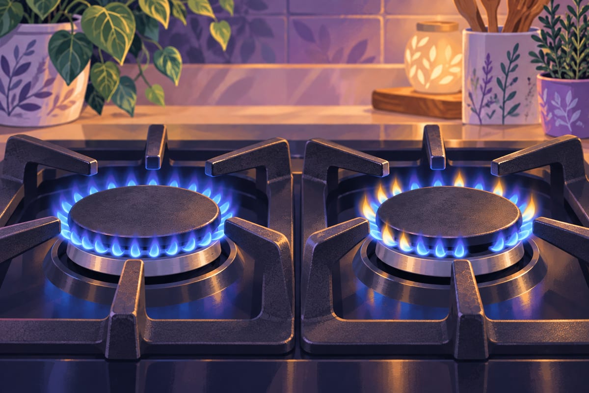 Two gas burners, one with an even blue flame and one with yellow, patchy flames.