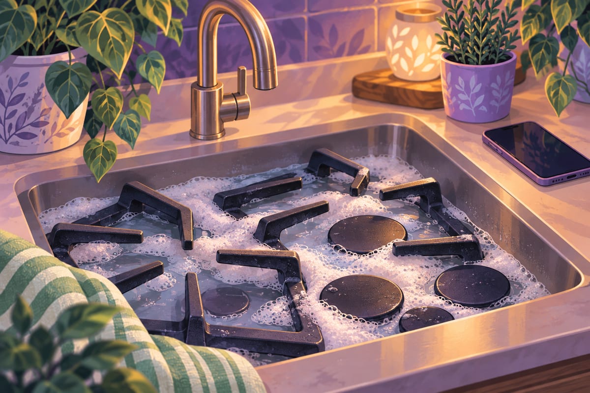 Stove grates and burner caps soaking in a sink of soapy water.