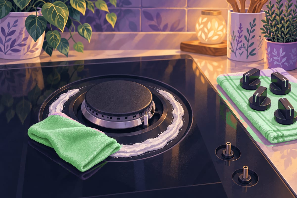 A damp cloth laid over baking soda paste on the ring around a gas burner.